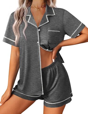 Ekouaer Womens Pajama Set Button Down Sleepwear Short Sleeve Pjs أعلى وقصير مع مجموعة صالة ناعمة الجيب in Kuwait