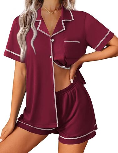 Ekouaer Womens Pajama Set Button Down Sleepwear Short Sleeve Pjs أعلى وقصير مع مجموعة صالة ناعمة الجيب in Kuwait