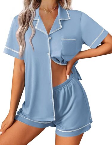 Ekouaer Womens Pajama Set Button Down Sleepwear Short Sleeve Pjs أعلى وقصير مع مجموعة صالة ناعمة الجيب in Kuwait