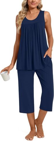 مجموعات بيجاما من Taohuadao Womens Summer Summer ، قمم أكمام مع سراويل كابري ، مجموعات Lounge Ladies PJS مع جيوب in Kuwait