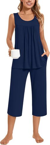 مجموعات بيجاما من Taohuadao Womens Summer Summer ، قمم أكمام مع سراويل كابري ، مجموعات Lounge Ladies PJS مع جيوب in Kuwait