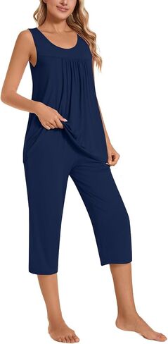مجموعات بيجاما من Taohuadao Womens Summer Summer ، قمم أكمام مع سراويل كابري ، مجموعات Lounge Ladies PJS مع جيوب in Kuwait