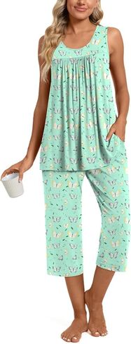 مجموعات بيجاما من Taohuadao Womens Summer Summer ، قمم أكمام مع سراويل كابري ، مجموعات Lounge Ladies PJS مع جيوب in Kuwait