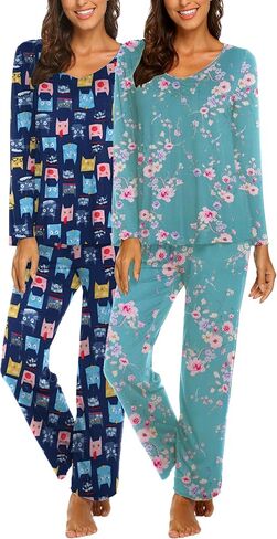 Ekouaer 2 Pack Women's Pajama Set Set Long Sleeve PJ يضع قطعتين من قطعتين ناعم Pajama Top and Pants Pjs Sleepwear in Kuwait