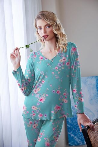 Ekouaer 2 Pack Women's Pajama Set Set Long Sleeve PJ يضع قطعتين من قطعتين ناعم Pajama Top and Pants Pjs Sleepwear in Kuwait