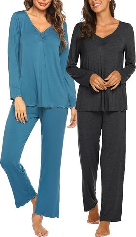 Ekouaer 2 Pack Women's Pajama Set Set Long Sleeve PJ يضع قطعتين من قطعتين ناعم Pajama Top and Pants Pjs Sleepwear in Kuwait