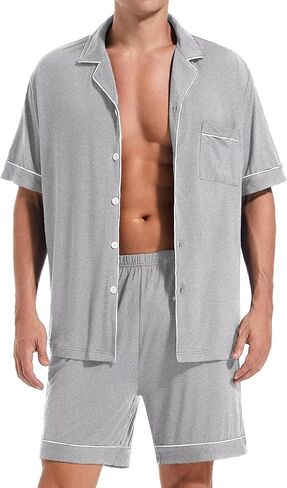 Men Pajamas Set Short Sleeve Sleepwear Button Down Loungewear 2 PCS Modal Sets with Pockets in Kuwait