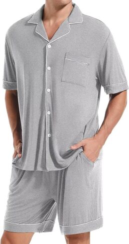 Men Pajamas Set Short Sleeve Sleepwear Button Down Loungewear 2 PCS Modal Sets with Pockets in Kuwait