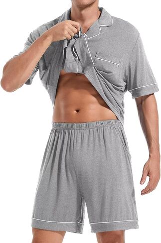 Men Pajamas Set Short Sleeve Sleepwear Button Down Loungewear 2 PCS Modal Sets with Pockets in Kuwait