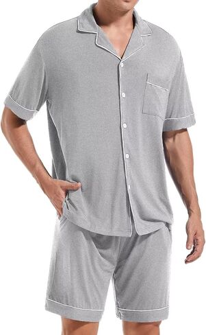 Men Pajamas Set Short Sleeve Sleepwear Button Down Loungewear 2 PCS Modal Sets with Pockets in Kuwait