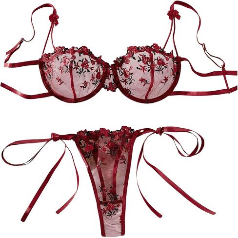 SHENHE Women's 2 Piece Lace Lingerie Sets Floral Embroidered Mesh Sheer Bra and Panty Sets in Saudi Arabia