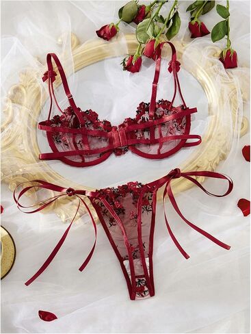 SHENHE Women's 2 Piece Lace Lingerie Sets Floral Embroidered Mesh Sheer Bra and Panty Sets in Saudi Arabia