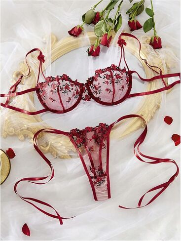 SHENHE Women's 2 Piece Lace Lingerie Sets Floral Embroidered Mesh Sheer Bra and Panty Sets in Saudi Arabia