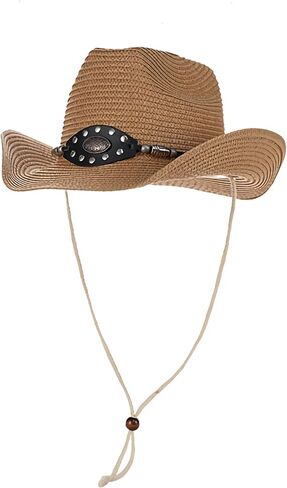 Western Straw Cowboy Hat for Women Men Knight Hat Wide Brim Summer Beach Sun Hats Leather Hatband Wind Lanyard in Saudi Arabia