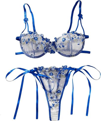 SHENHE Women's 2 Piece Lace Lingerie Sets Floral Embroidered Mesh Sheer Bra and Panty Sets in Saudi Arabia