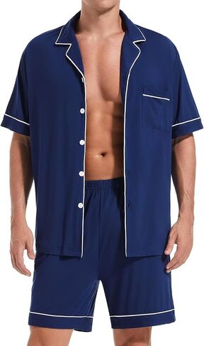 Men Pajamas Set Short Sleeve Sleepwear Button Down Loungewear 2 PCS Modal Sets with Pockets in Kuwait