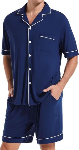 Men Pajamas Set Short Sleeve Sleepwear Button Down Loungewear 2 PCS Modal Sets with Pockets in Kuwait