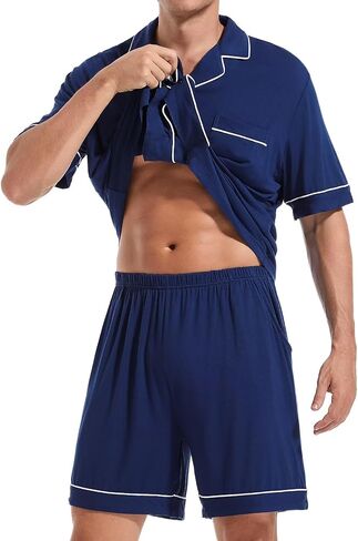 Men Pajamas Set Short Sleeve Sleepwear Button Down Loungewear 2 PCS Modal Sets with Pockets in Kuwait