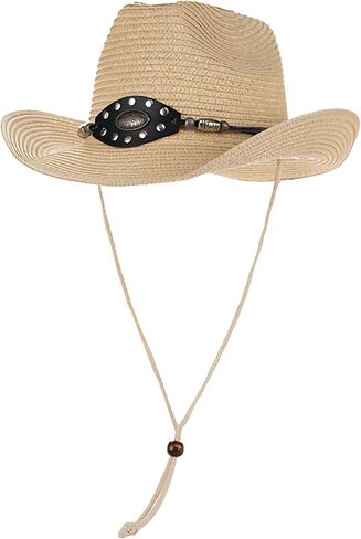Western Straw Cowboy Hat for Women Men Knight Hat Wide Brim Summer Beach Sun Hats Leather Hatband Wind Lanyard in Saudi Arabia