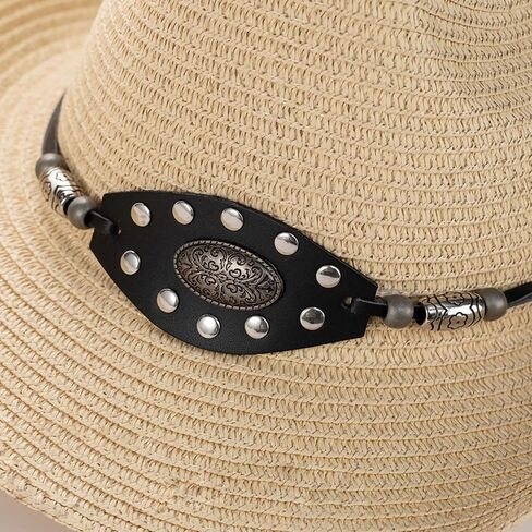 Western Straw Cowboy Hat for Women Men Knight Hat Wide Brim Summer Beach Sun Hats Leather Hatband Wind Lanyard in Saudi Arabia
