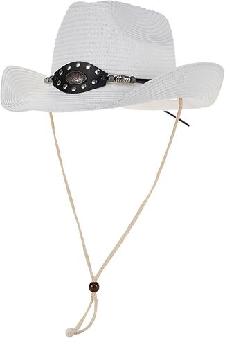 Western Straw Cowboy Hat for Women Men Knight Hat Wide Brim Summer Beach Sun Hats Leather Hatband Wind Lanyard in Saudi Arabia