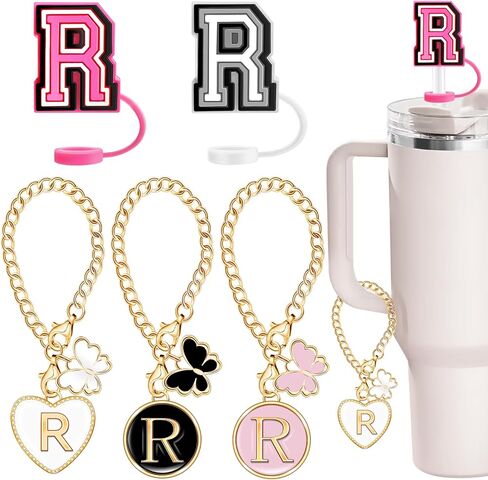 （2+3）Compatible with Stanley Cup Accessories, 2PCS 0.4"/10mm Straw Cover Cap for Stanley Cup 30&40 Oz, 3PCS Butterfly Letter Charms for Stanley Cups, Straw Toppers for Stanley Tumbler (Letter C) in Saudi Arabia