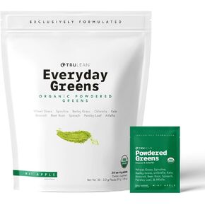 TRULEAN Everyday Greens - Organic Powdered Vegetable Superfood Supplement - Vegan, Spriulina, Wheat Grass, Chlorella - Vegan, Gluten Free, Zero Sugar - Mint Apple Flavor - 30 Packets
