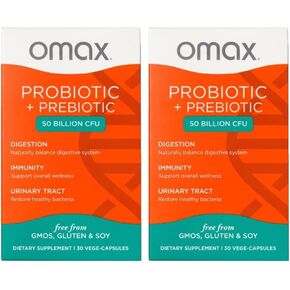 Omax prebiotic & probiotic 50 مليار CFU + inulin inulin ، 10 سلالات ، تقليل الانتفاخ ، الهضم ، سيبو ، أمعاء متسربة ، PH المهبل ، الحمضي ، نباتي ، خالي من الألبان ، خالية من الغلوتين ، تعبئة نفطة