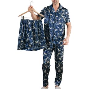 الرجال الساتين الساتين pajama وضعت الأكمام قصيرة الحريري بنطلون 3pcs زر لأسفل ملابس النوم multiclor menky pajama