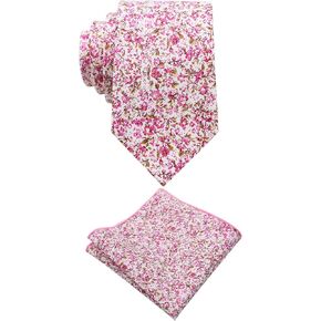 Mantieqingway Floral Ties for Men Cotton Skinny Flower Neckties with Handkerchief Mens Floral Tie for Wedding Graduation