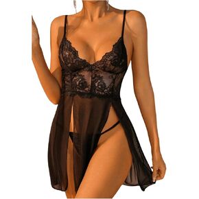 SHENHE Women's Lace Babydoll Lingerie Nightgown Sheer Mesh Slip Dress Chemise and Thong