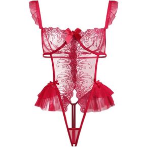 Women Lace Bodysuit Half Cup One Piece Teddy Sexy Strappy Ruffle Lingerie High Cut Floral Babydoll Outfit Nightwear Top