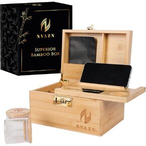 Premium Large Bamboo Storage Box Set - Decorative Wooden Container with Combination Lock - Includes Glass Jars Black