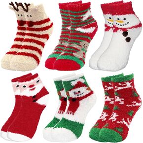 Fuzzy Christmas Socks - 6 Pairs Cozy Warm Fluffy Plush Bed Socks for Women, Girls - Cute Coral Fleece Xmas Indoor