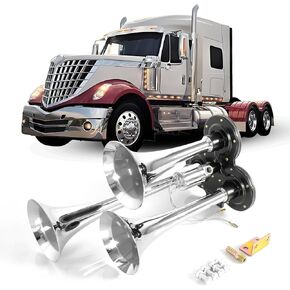11.4/11.4/13.4/15.8 inch Chrome Train Horn for Truck 4 Trumpet Air Horn 150DB Train Horns for Pickup Trucks 290/290/340/400mm Air Horn for Truck with 12V/24V Fast Response Solenoid Fit Boat/Yachts/etc