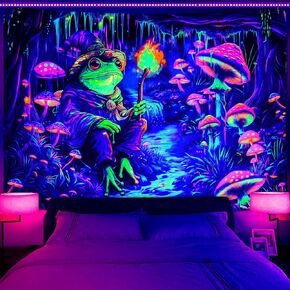 Invoibler Blacklight Frog Tapestry Hippie Mushroom Tapestries UV Festive Forest Cave Tapestry Magic River Tapestry Funny Witch Tapestry Wall المعلقة لغرفة النوم (51.2 × 59.1 بوصة)