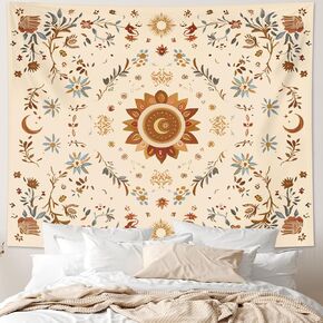 Apdidl Boho Sun and Moon Tapestry Wall Hanging Aesthetic, Bohemian Vintage 70s Sun Nature Decor Tapestries for Living Room, Retro Hippie Outdoor Wall Covering for Bedroom Dorm (51"X60")