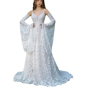 WIOJEIGO Women's Lace Boho Wedding Dress 2025 for Bride Spaghetti Straps Bohemian Long Mermaid Beach Bridal Gowns