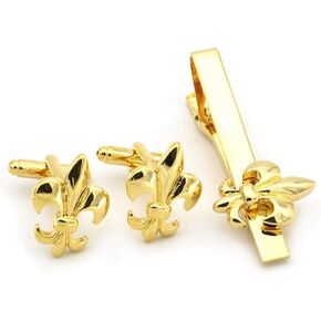 Fleur de Lis Gold Cufflink و Tie Clip مجموعة للرجال ، وأزرار الأزرار المتطابقة الأنيقة وبار التعادل للأحداث الرسمية ومناسبة الهدايا
