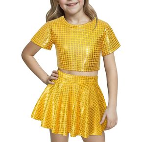 Happy Cherry Kid Girl Shiny Skirt and Top Set 2 Pcs Short Sleeve Metallic Disco Crop Top & Pleated Mini Skirt Set