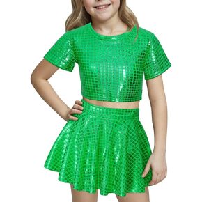 Happy Cherry Kid Girl Skirt Shiny Skirt and Top Set 2 PCS Short Sleeve Metallic Disco Crop Top & Pleated Mini Skirt Set in Kuwait