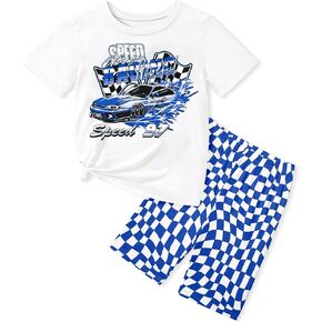 Queenstyle Girls Summer Outfits Round Neck Short Sleeves T-Shirt and Plaid Shorts 2 Piece Clothing Sets