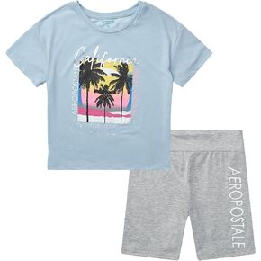 AEROPOSTALE Girls Biker Shorts Set - 2 Piece Short Sleeve Graphic Tee and Stretchy Bike Shorts for Girls (Sizes: 7-12)