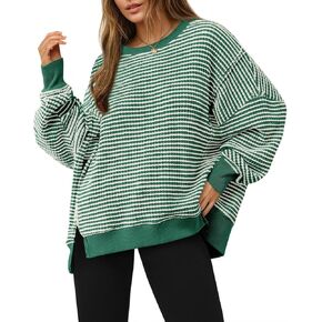 Fisoew Women's Fall Oversized Sweatshirt Casual Waffle Knit Long Sleeve Crewneck Split Pullover Tunic Tops