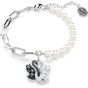 Swarovski Swan bracelet, Crystal pearl, Swan, Black, Rhodium finish