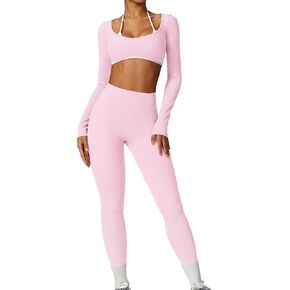 مجموعات تجريب Abociw للنساء Halter Long Sleeve Crop Top V nack scrunch بعقب طماق الخصر مع الجيب