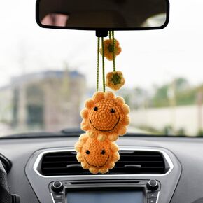 2 PCS Red Strawberry Flower Car Interior Rear View Mirror Ornament Hanging Accessories, Knitted Fruit Interior Mirror Decorations, Handmade Aesthetic Decor Crochet Plant