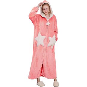 Hellomamma Womens Robe Hooded Zipper Flannel Bathrobes Housecoat Ladies Plush Fleece Warm Sleepwear Long Pajamas Nightgown