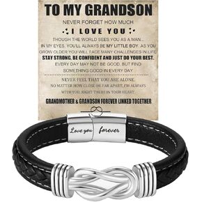 To My Son/Grandson Bracelet From Mom Grandmother, Forever Linked Together Black Braided Leather Infinity Knot Inspirational Bracelets Engraved Love You Forever Birthday Gift Jewelry