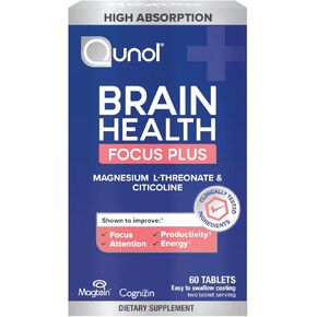 Qunol Brain Health Focus Plus, Magnesium L-Threonate & Citicoline, Clinically Tested Ingredients to Improve Focus, Attention and Productivity, 60 Count (Pack of 1)